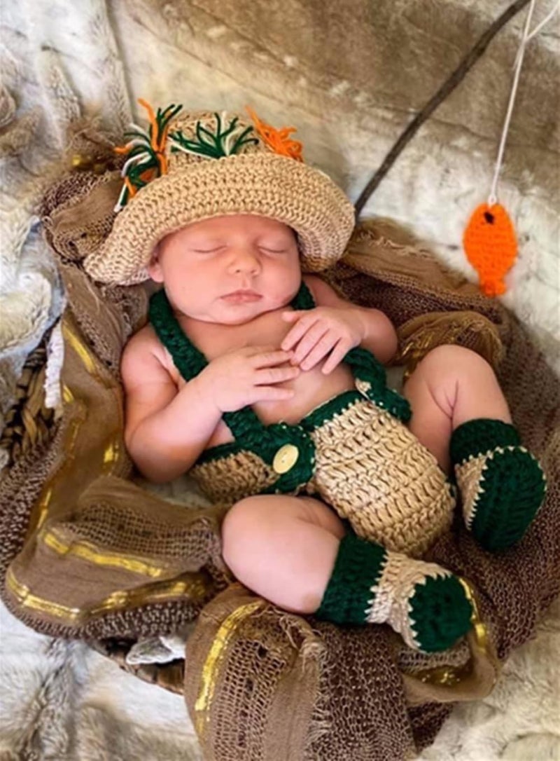 Pinbo Baby Photography Prop Crochet Fishing Fisherman & Fish Hat Diaper Shoes - Image 2